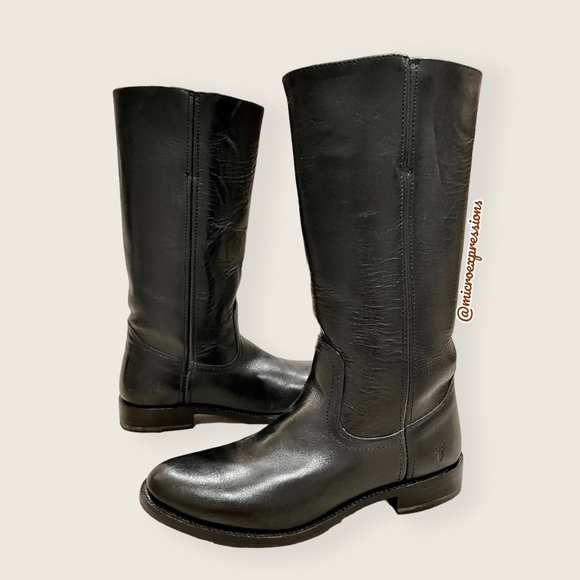 Frye Campus 14L Black Leather Vintage Comfy Block Heel Square Toe Cowboy Boots - Picture 10 of 16